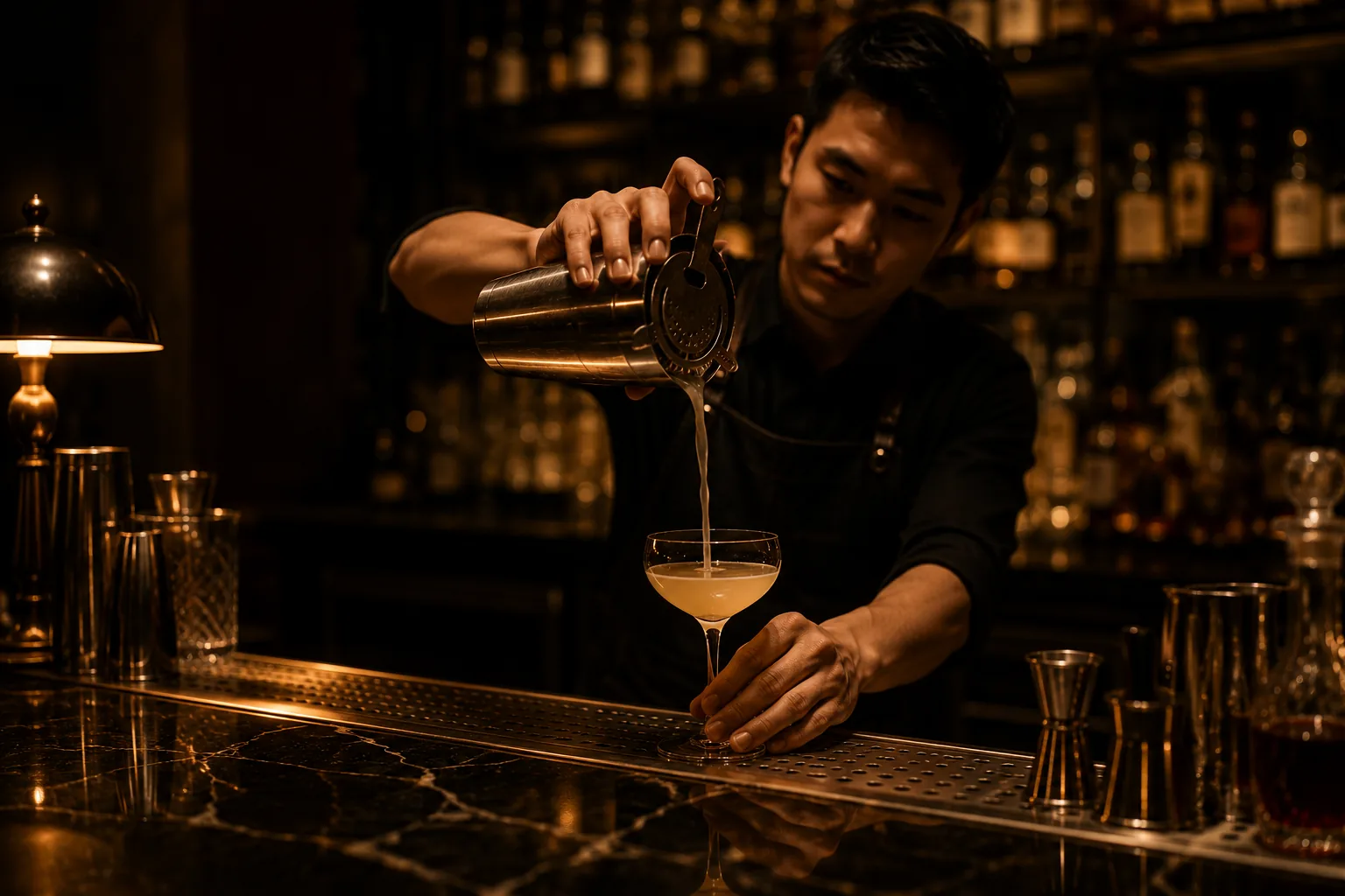 Bartender pouring a cocktail behind the bar