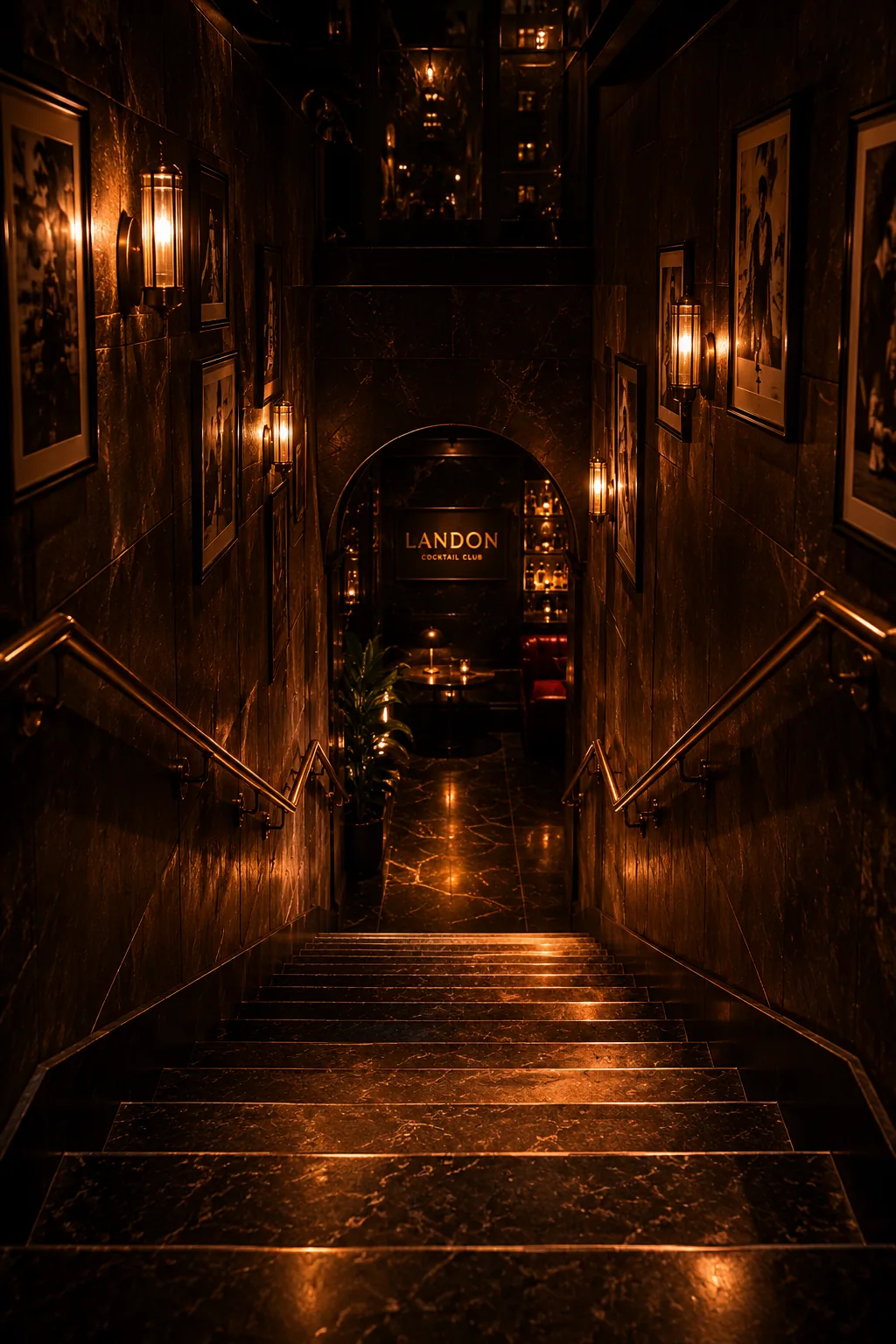 Warmly lit stairway descending to a hidden lounge